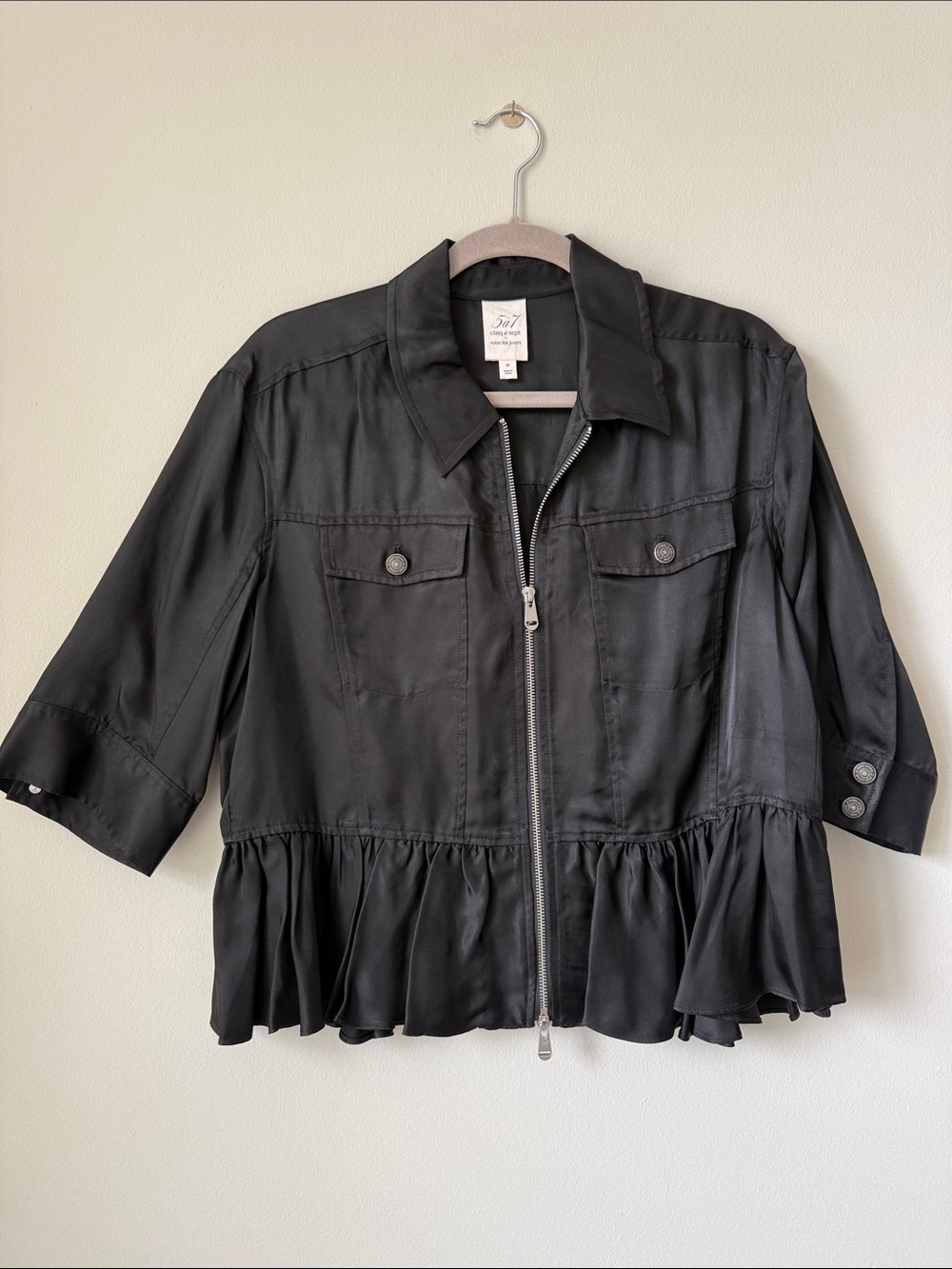 Cinq a Sept Black Ruffle-Hem Zip Jacket